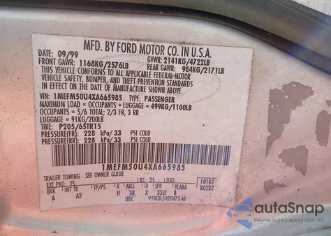 1999 Mercury Sable Gs z USA, uszkodzony, nr VIN 1MEFM50U4XA665985